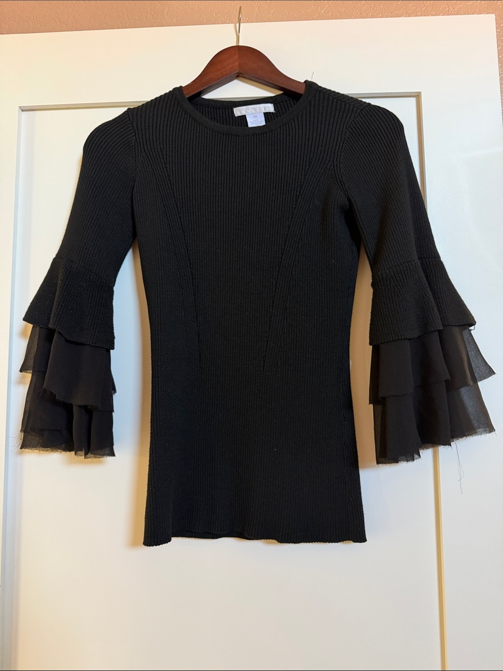 Design History Black Ribbed Dress with Layered Bell Sleeves